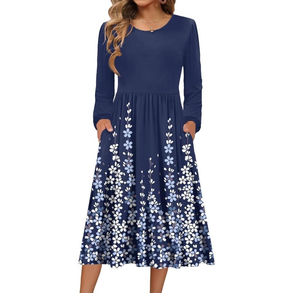 Zeagoo Women Blue Floral Long Sleeve Flowy A-Line Boho Long Dress with Pockets